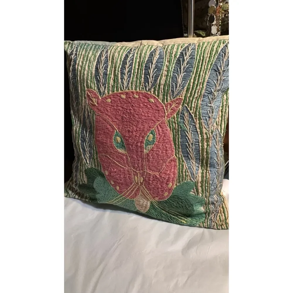 Vintage Crewel Embroidered Cat Pillow Textured Fiber Art Cushion
